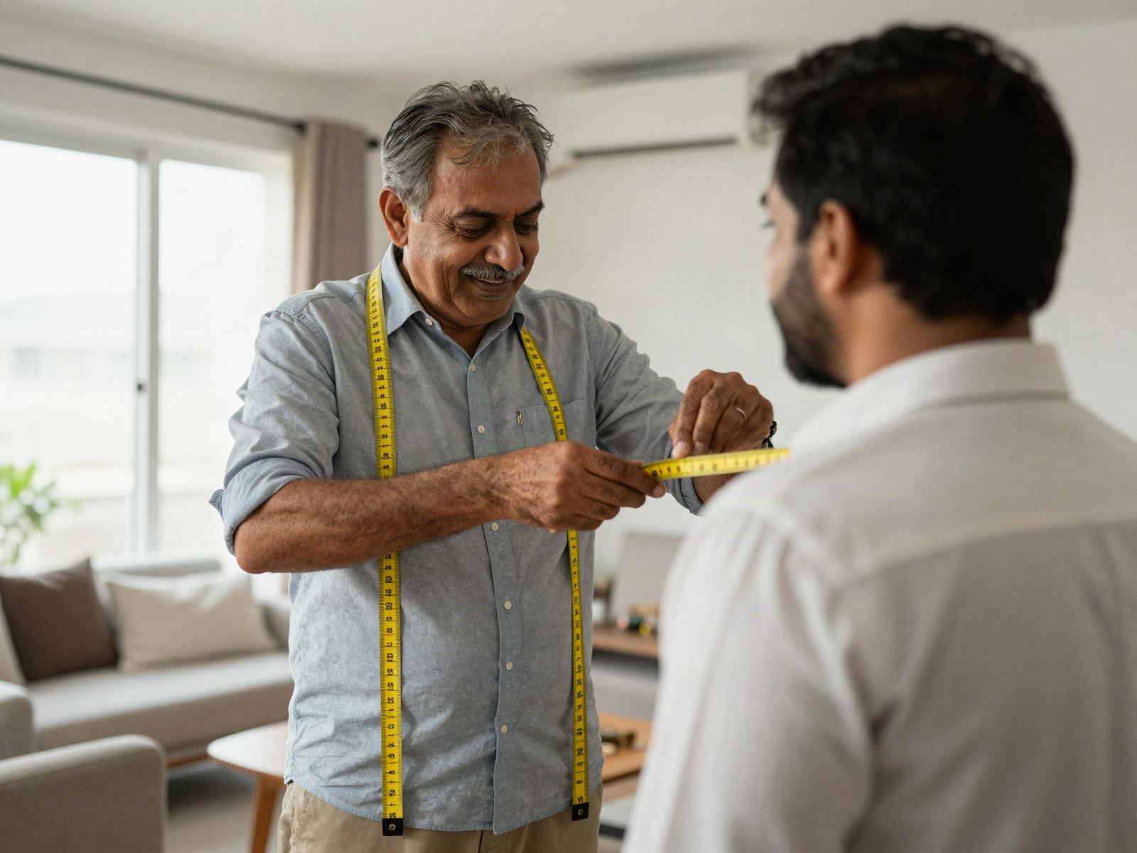 A tailor measuring a client at home