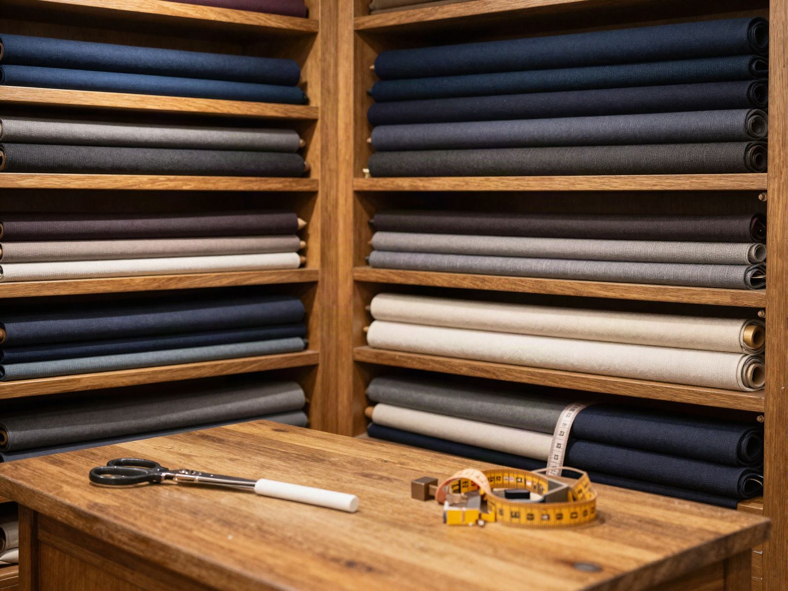 A tailoring workshop with bolts of suiting cloth